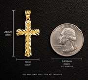 Illustrated size reference for diamond cut cross pendant: 28 mm tall including bail and 15 mm wide, with a U.S. quarter for comparison; coin not included
