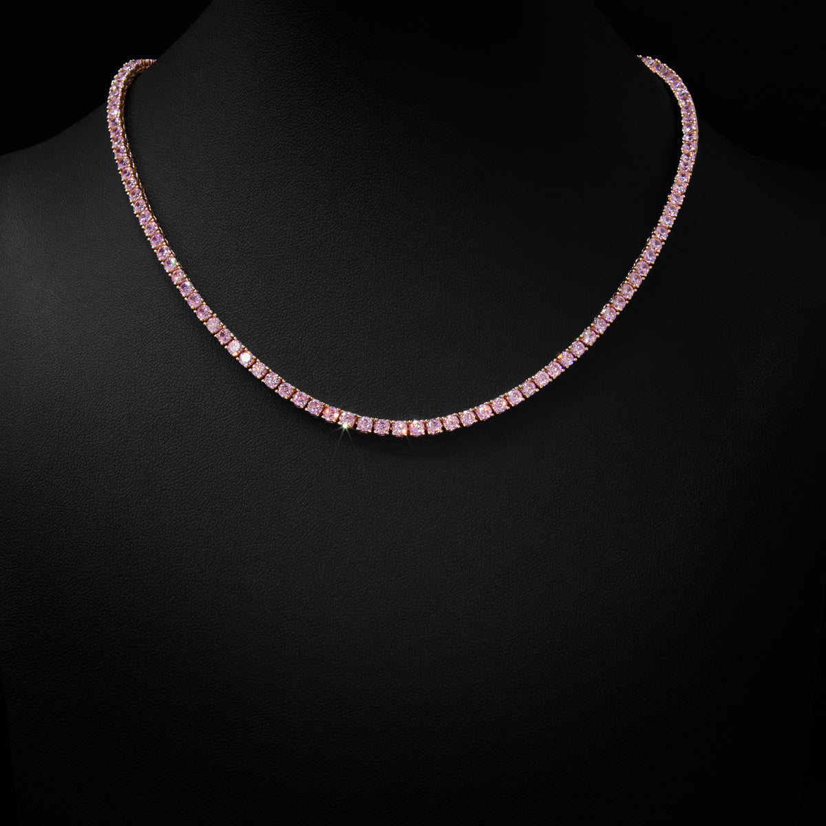 3mm Pink Crystal Tennis Necklace in Rose Finish