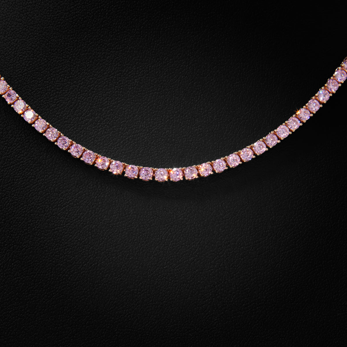 3mm Pink Crystal Tennis Necklace in Rose Finish