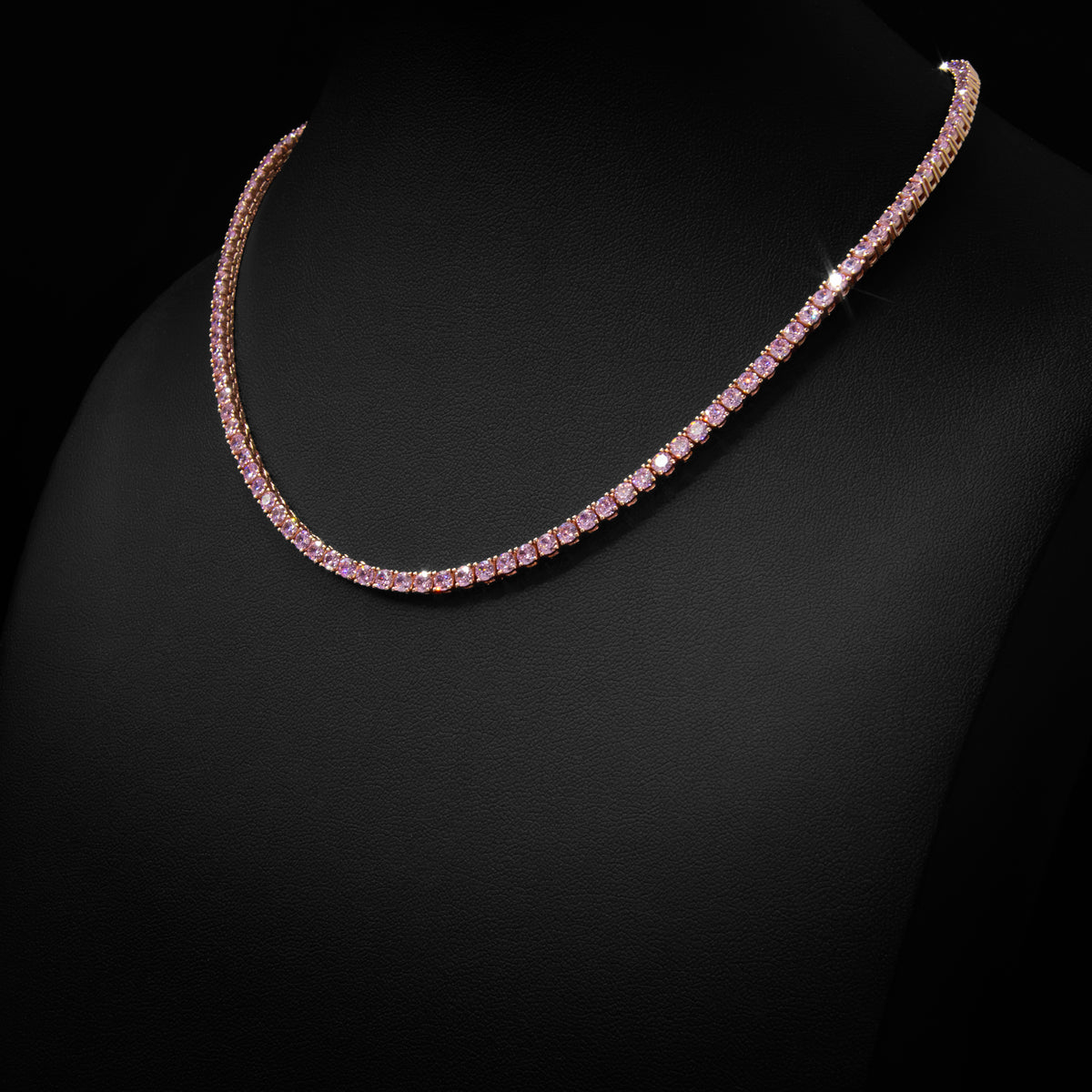 3mm Pink Crystal Tennis Necklace in Rose Finish