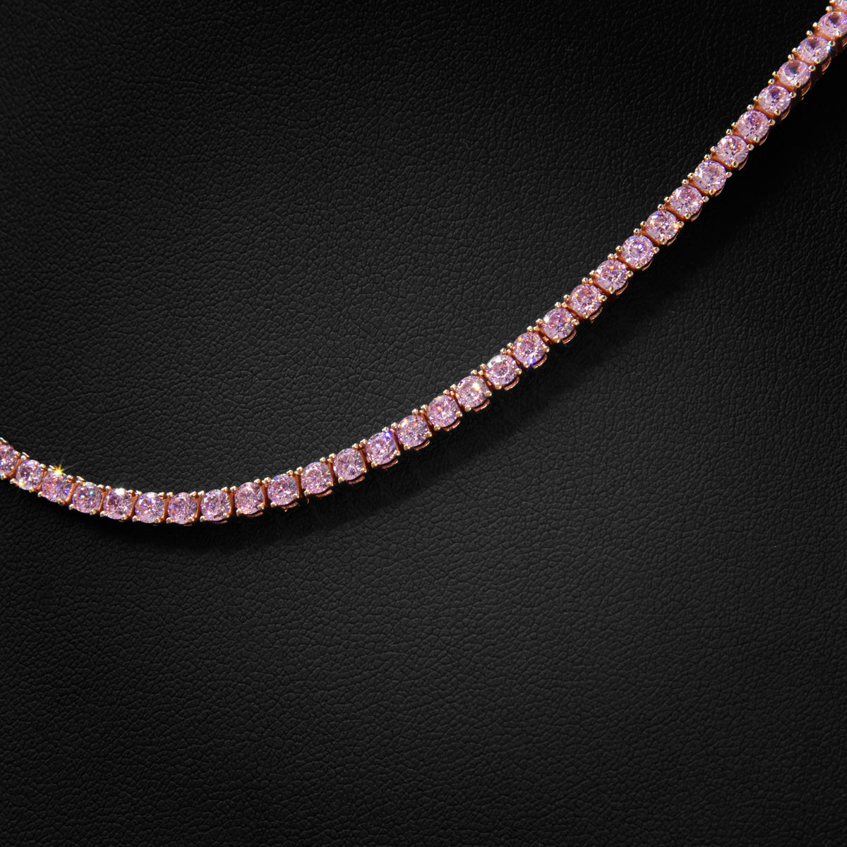 3mm Pink Crystal Tennis Necklace in Rose Finish