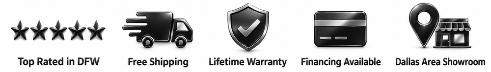 A row of black and gray promotional icons with text on a white background: five stars labeled 'Top Rated in DFW', a delivery truck labeled 'Free Shipping', a shield with a checkmark labeled 'Lifetime Warranty', a credit card labeled 'Financing Available', and a location pin with a small store icon labeled 'Dallas Area Showroom'.