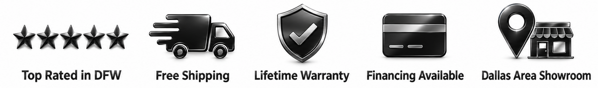 A row of black and gray promotional icons with text on a white background: five stars labeled 'Top Rated in DFW', a delivery truck labeled 'Free Shipping', a shield with a checkmark labeled 'Lifetime Warranty', a credit card labeled 'Financing Available', and a location pin with a small store icon labeled 'Dallas Area Showroom'.