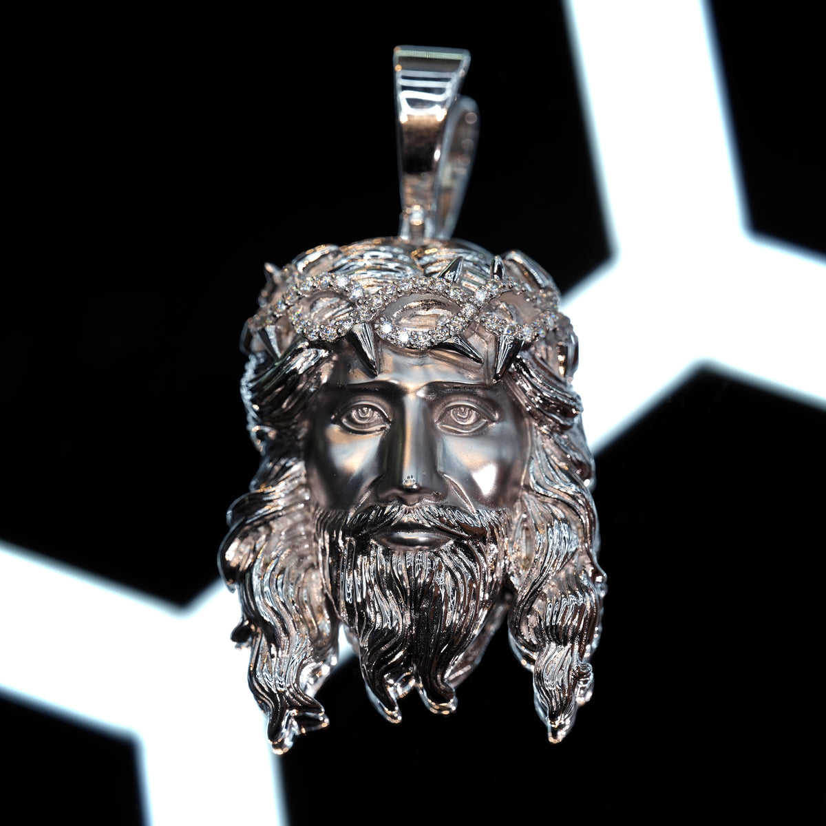Large Moissanite Jesus Pendant in Sterling Silver