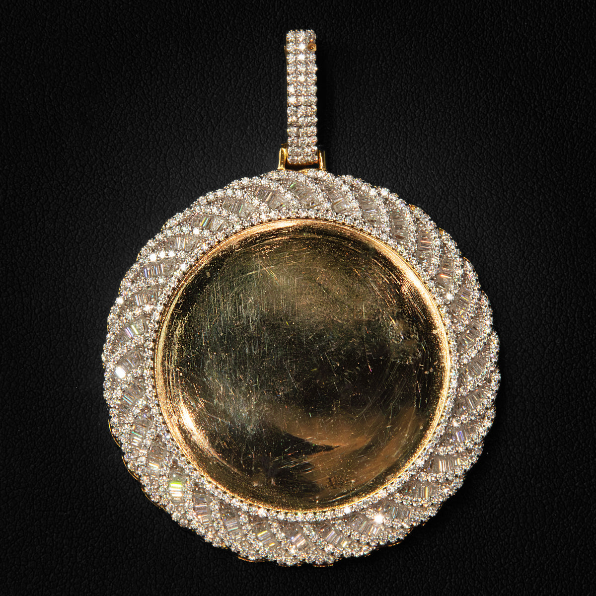Moissanite Baguette Photo Pendant in Yellow Finish