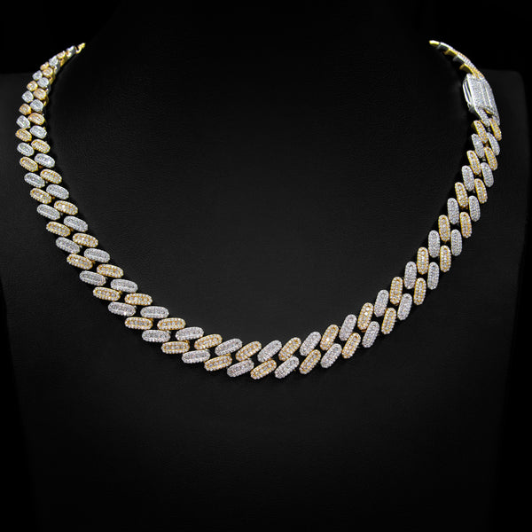 VVS Moissanite 12mm Cluster Cuban Link Necklace in 2 Tone White & Yellow Gold