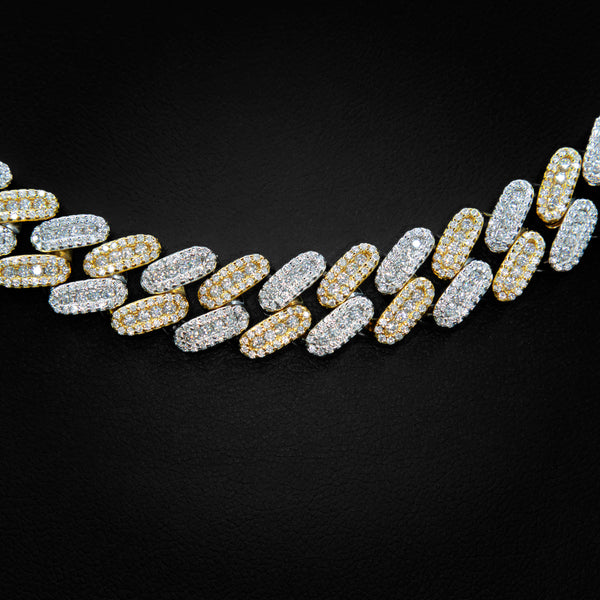 VVS Moissanite 12mm Cluster Cuban Link Necklace in 2 Tone White & Yellow Gold